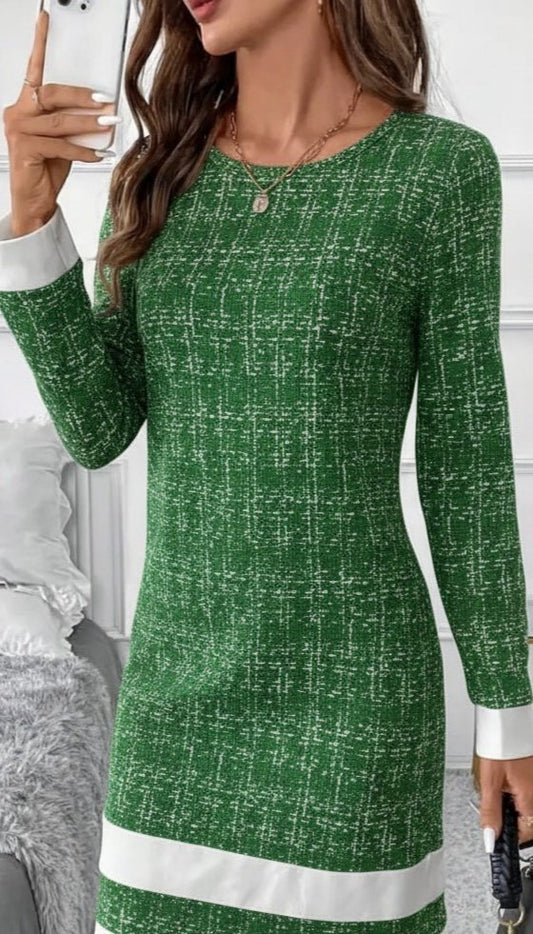 Kadın Uzun Kollu Yuvarlak Yaka Etek Ucu şerit Detaylı Mini Dokuma Elbise