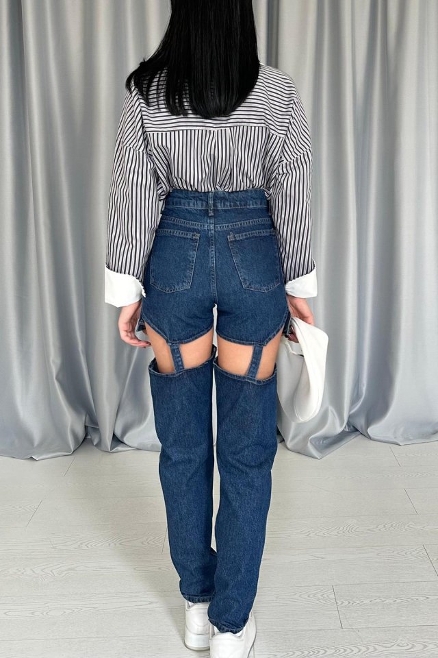 Mavi Askılı İki Parça Jeans Pantolon