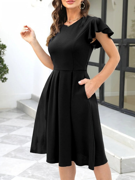 Kadın Kelebek Kollu Bisiklet Yakalı Pileli Ithal Krep Elbise