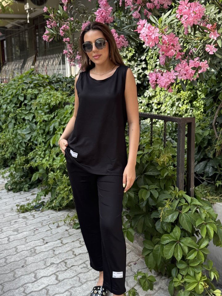 Kadın Askılı Yuvarlak Yaka Viskon Iki Iplik Bluz Ve Eşofman Altı Ikili Takım