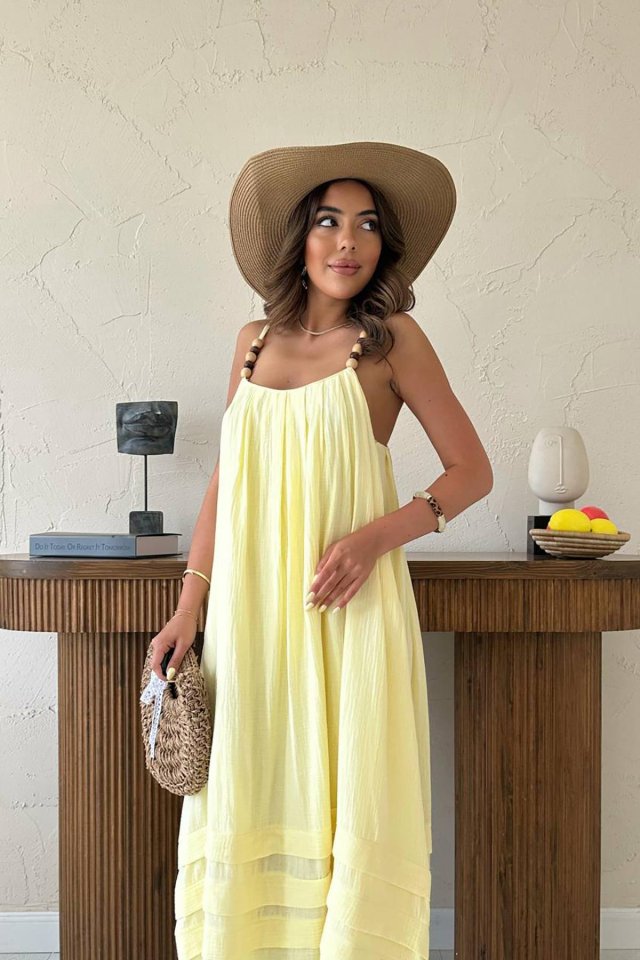 Sarı Askılı Müslin Elbise