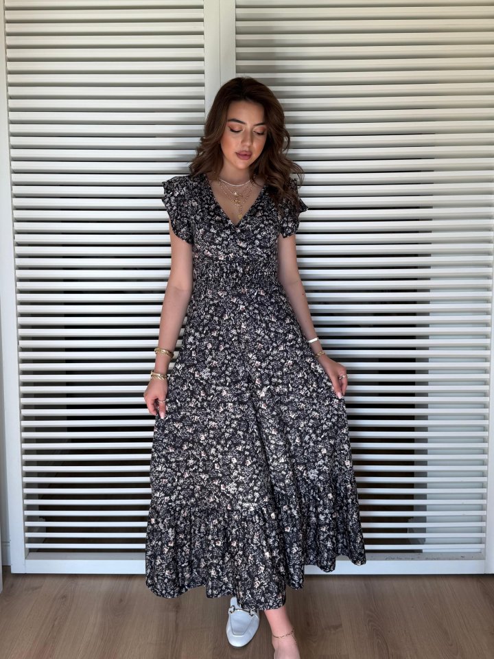 Kadın Kısa Kollu Kruvaze Yaka Beli Lastikli çiçek Desenli Elbise