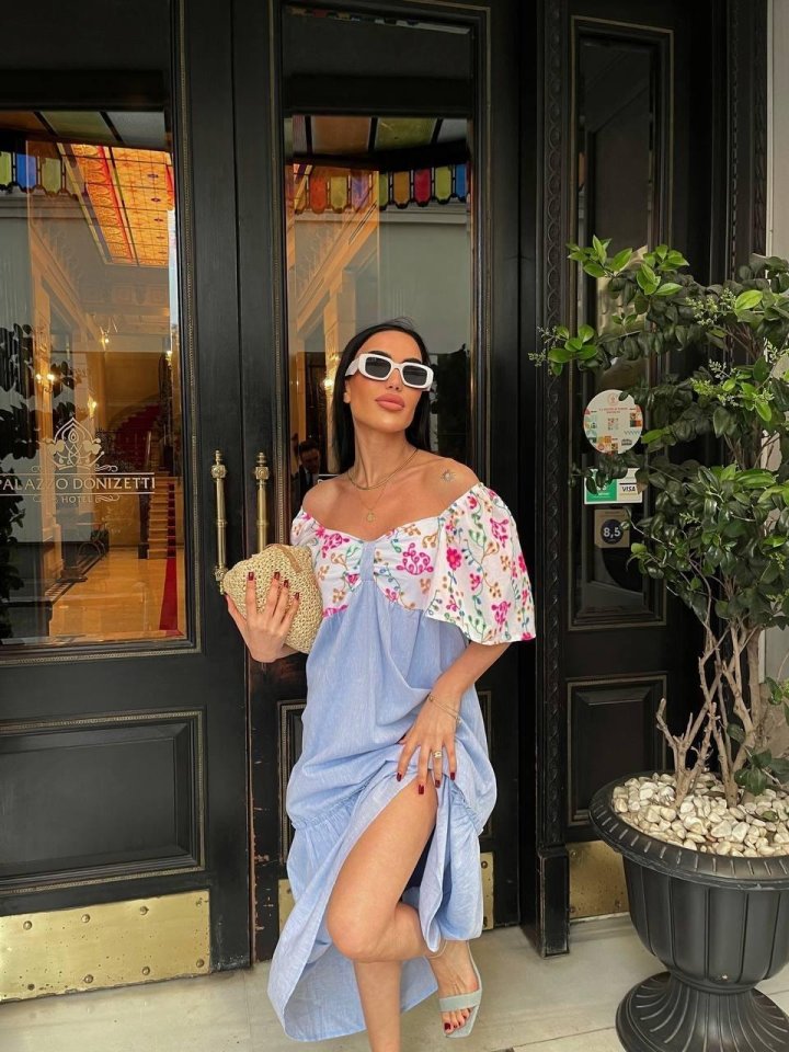 RENKLİ NAKIŞ DESENLİ ELBİSE - Mavi