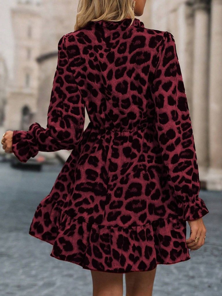 Kadın Uzun Kollu Yakadan Bağcıklı Modal Leopar Desenli Mini Elbise