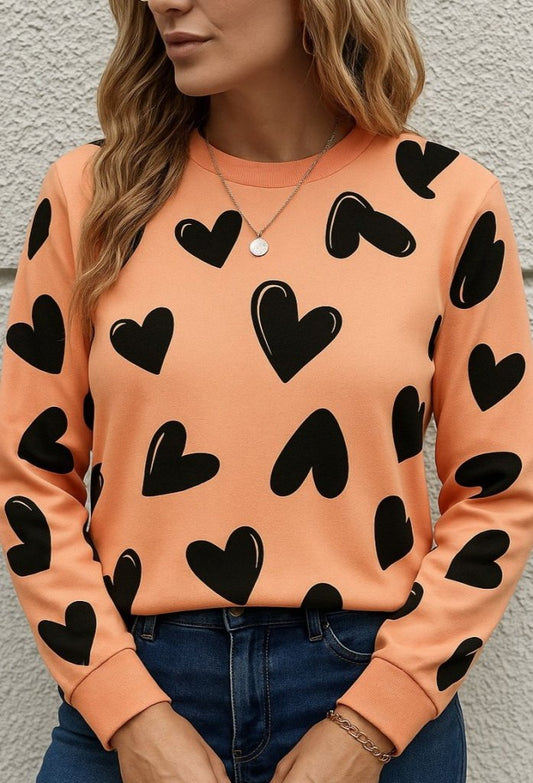 Kadın Uzun Kollu Bisiklet Yaka Kalp Desenli Iki Iplik Bluz