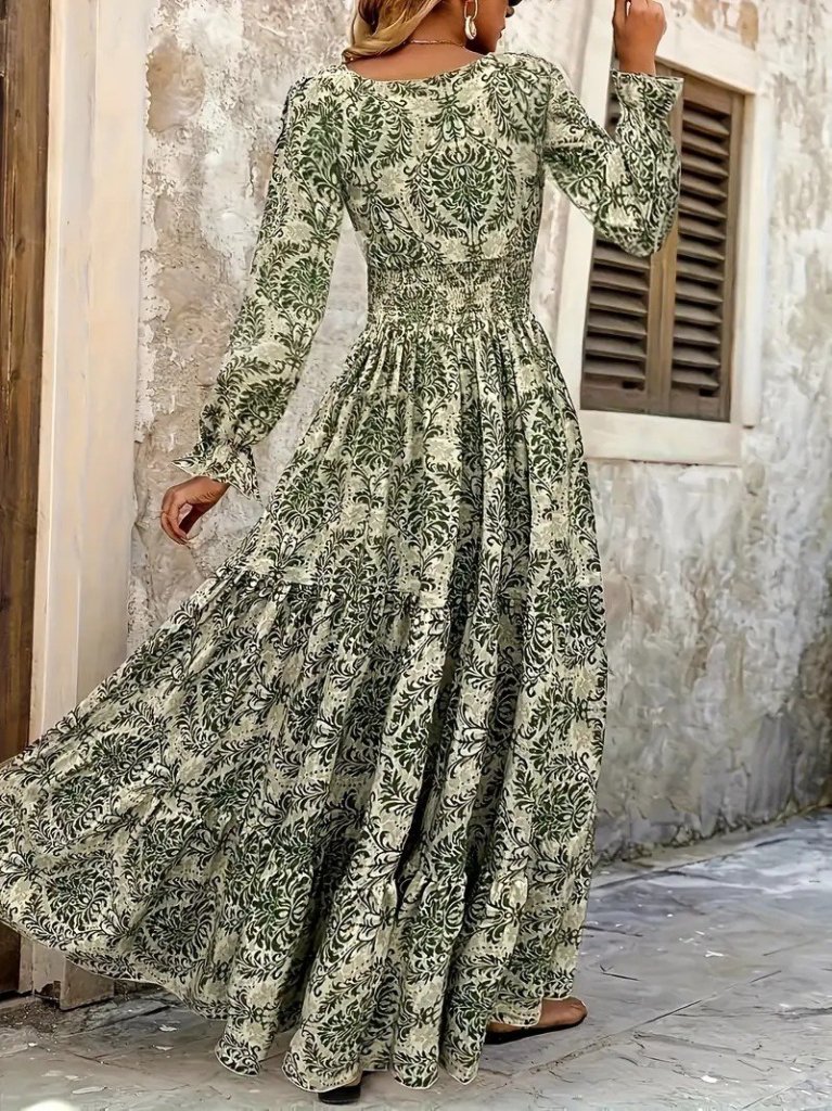 Kadın Uzun Kollu V Yakalı Desenli Süprem Elbise