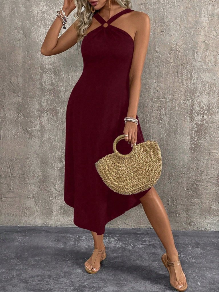 Kadın Boyundan çapraz Askılı Halka Detaylı Asimetrik Kesim Viskon Elbise