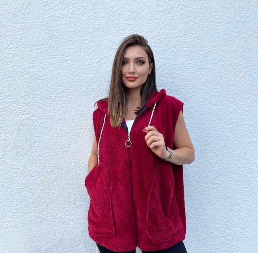 Kadın Kapüşon Ve Fermuar Detay Welsoft Kolsuz Yelek