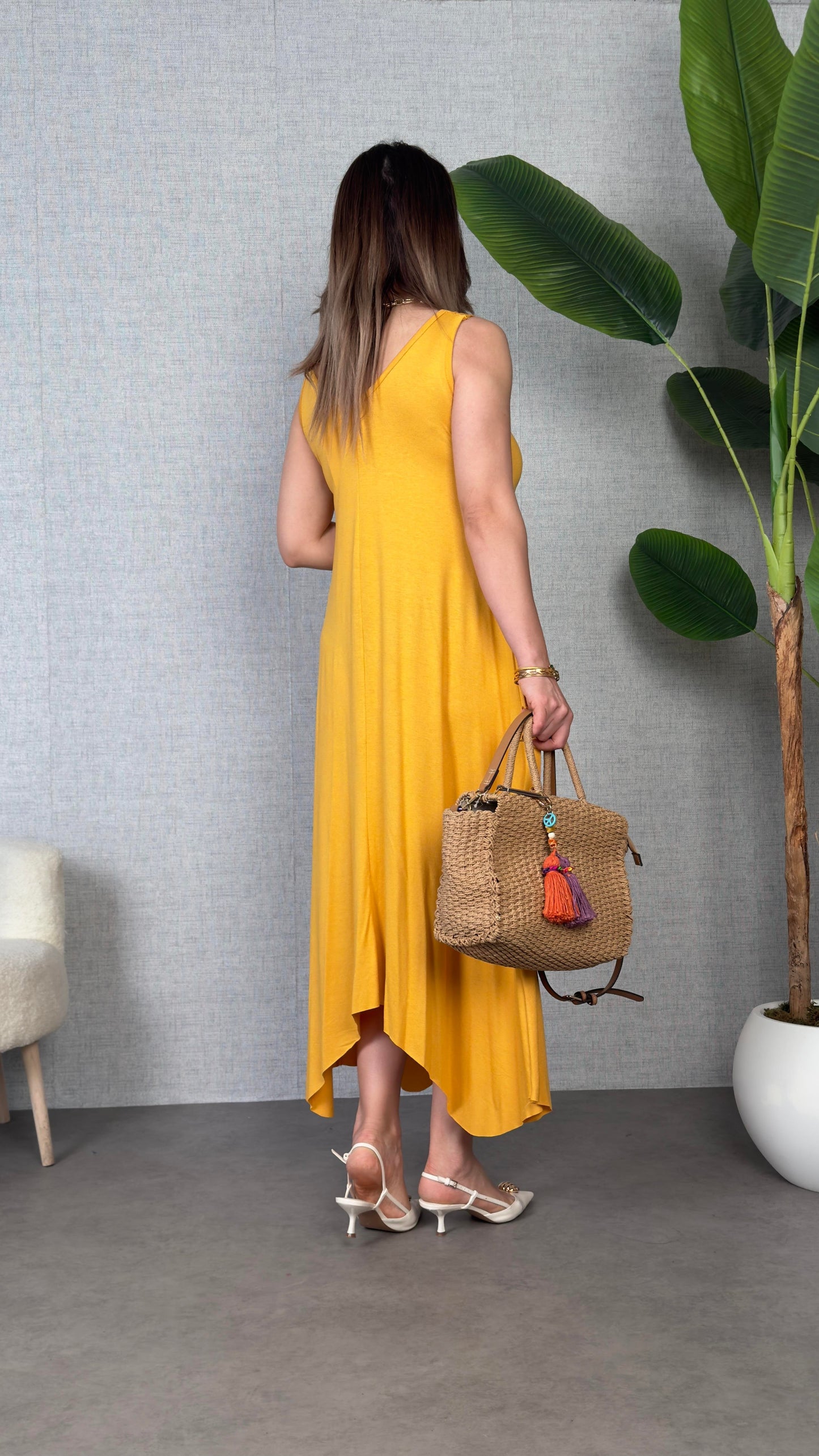 Kadın çan Dokuma Kumaş V Yaka Asimetrik Kesim Elbise