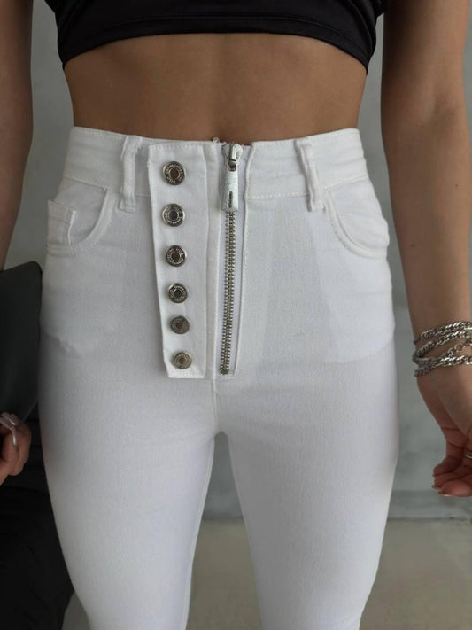 DÜĞME VE FERMUARLI KOT PANTOLON - Beyaz