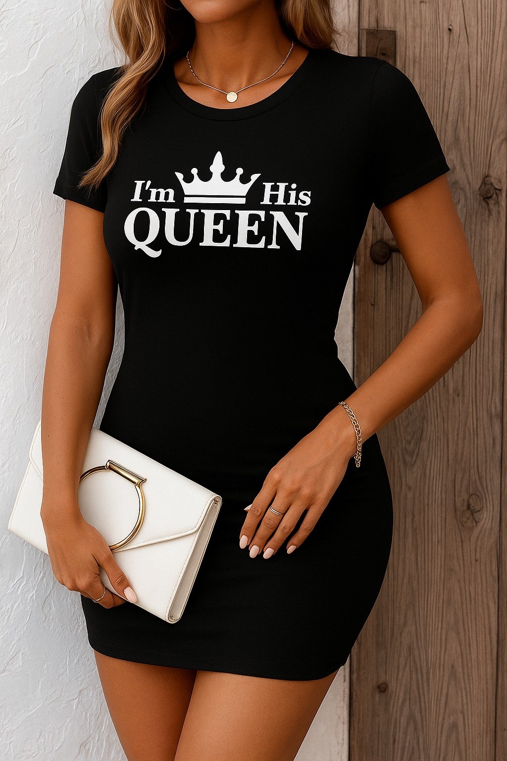 Kadın Kısa Kollu Queen Baskı Iki Iplik Mini Elbise