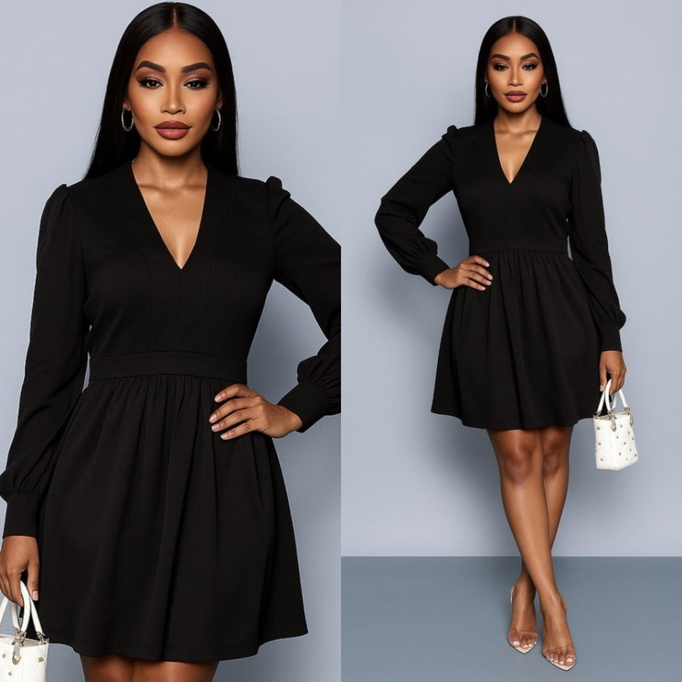 Kadın Uzun Kollu V Yaka Belden Hafif Pileli Scuba Krep Mini Boy Elbise