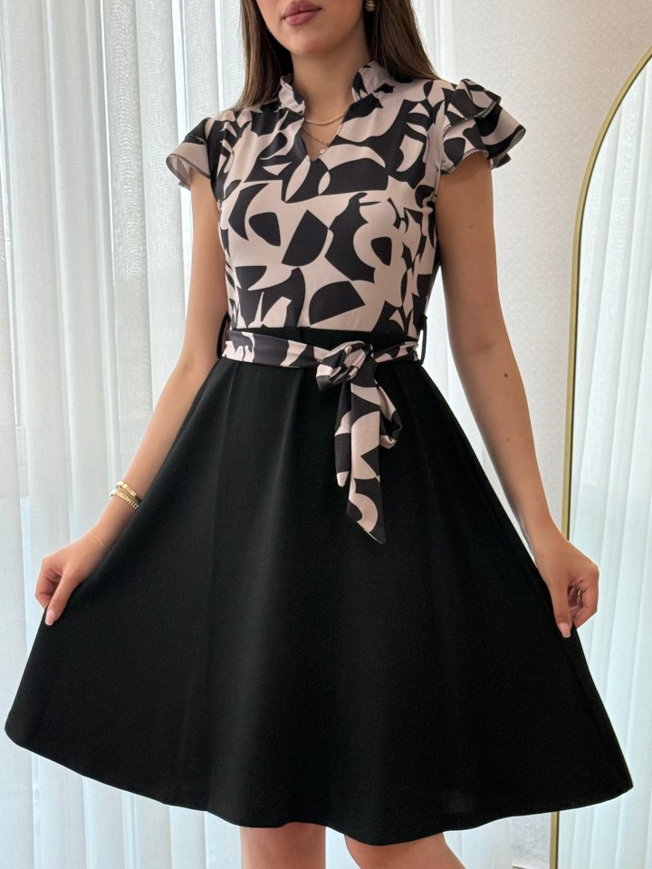 Kadın Kısa Kollu Kolu Fırfır Detay Mini Kuşaklı Kloş Krep Elbise
