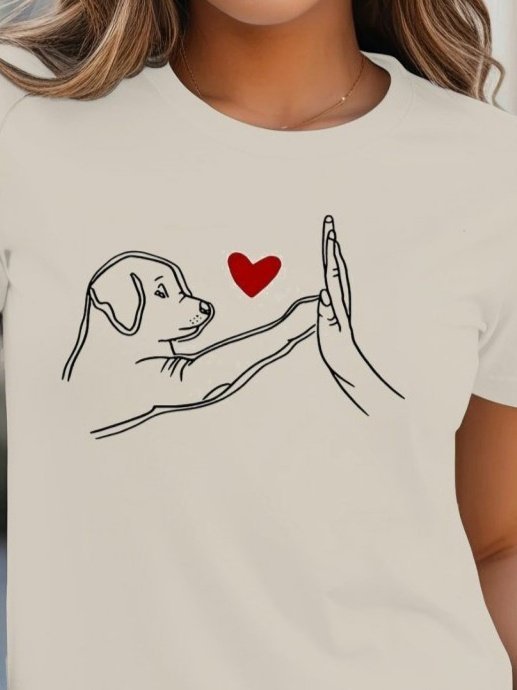 Kadın Kısa Kollu Bisiklet Yaka Köpek Baskılı Viskon Bluz