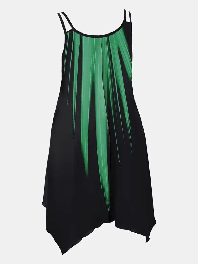 Kadın Askılı Yuvarlak Yaka Asimetrik Detaylı Desenli Süprem Elbise