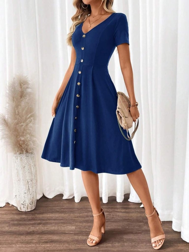 Kadın Kısa Kollu V Yakalı önden Düğmeli A Kesim Dokuma Elbise