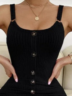 Kadın Kolsuz Askı Halka Detay önü Düğmeli Midi Boy Yırtmaçlı Fitilli Kaşkorse Elbise