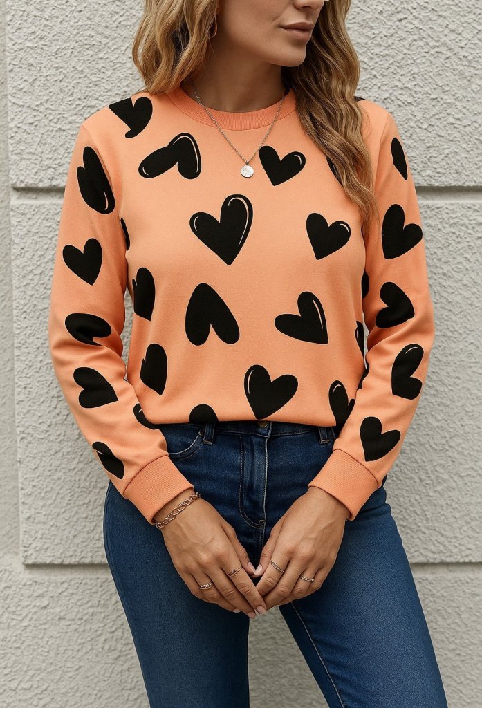 Kadın Uzun Kollu Bisiklet Yaka Kalp Desenli Iki Iplik Bluz