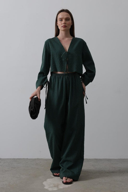 Önü Bağlamalı Crop Takım - Yeşil