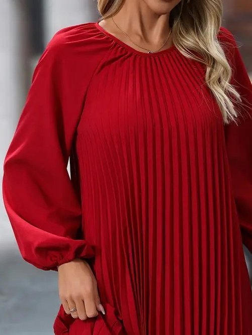 Kadın Uzun Kollu Yuvarlak Yaka Pileli Salaş Mini Ithal Krep Elbise