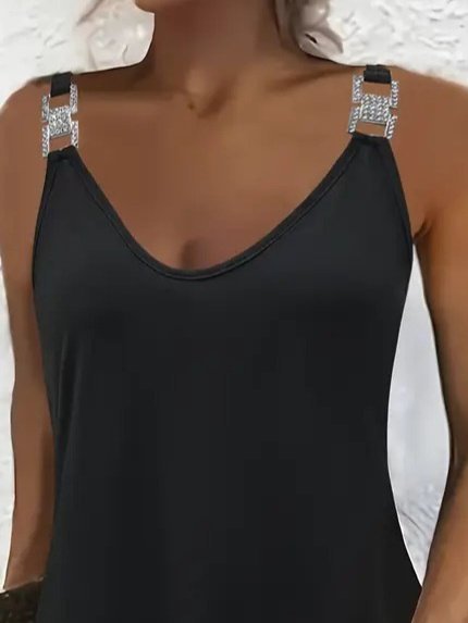 Kadın Askılı V Yakalı Toka Detaylı Janjan Krep Elbise