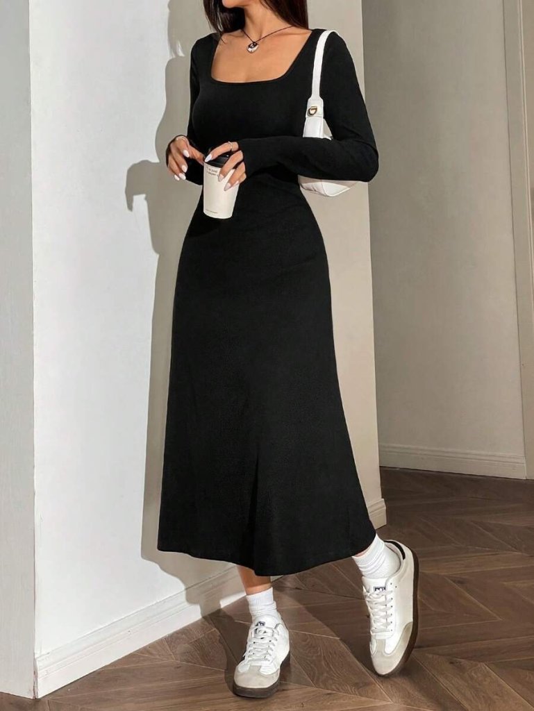 Kadın Uzun Kollu Kare Yaka Midi Kaşkorse Elbise