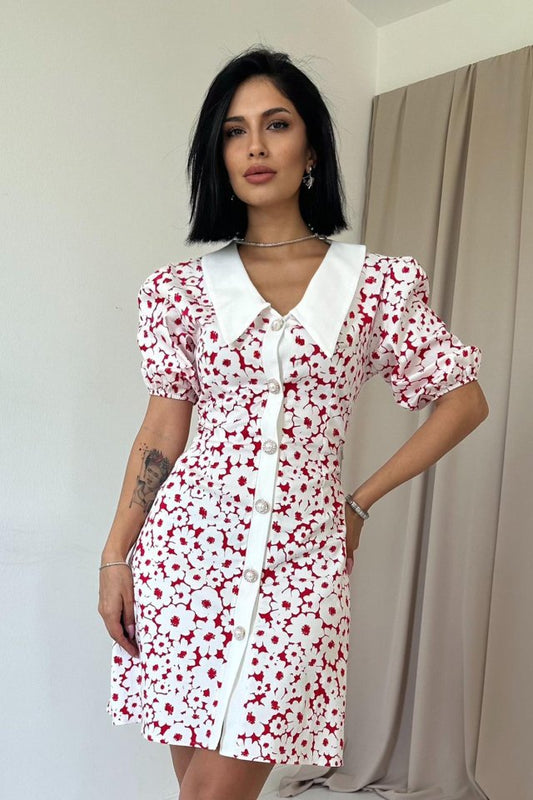 Fuşya Önlük Yakalı Poplin Elbise