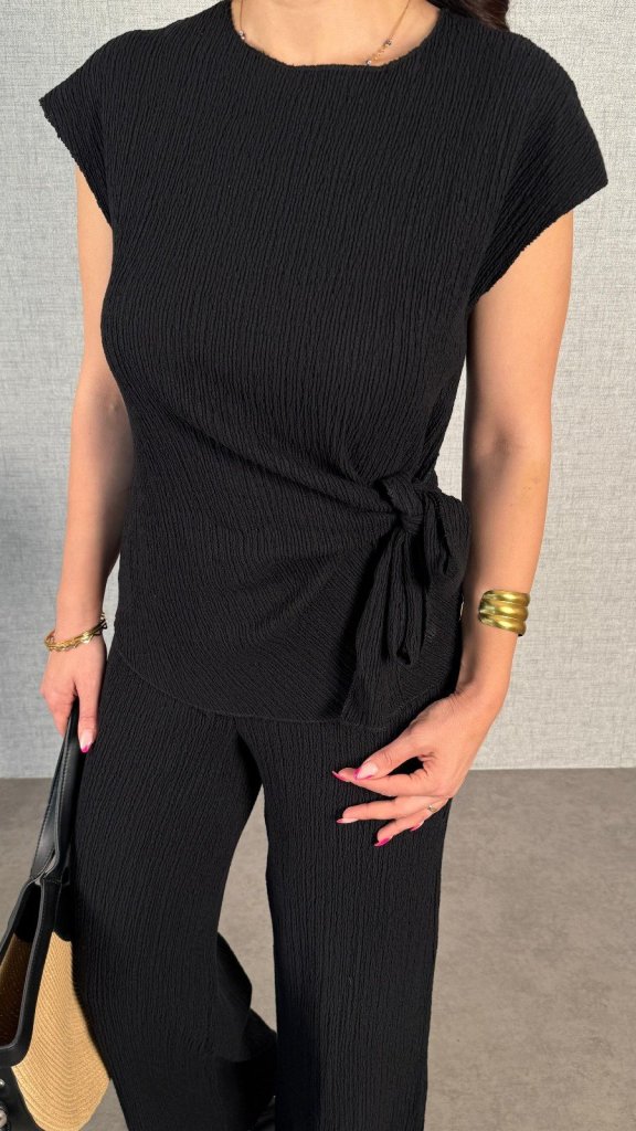 Kadın Kısa Kollu Bisiklet Yaka Yandan Bağlamalı Bürümcük Bluz Ve Pantolon Ikili Takım