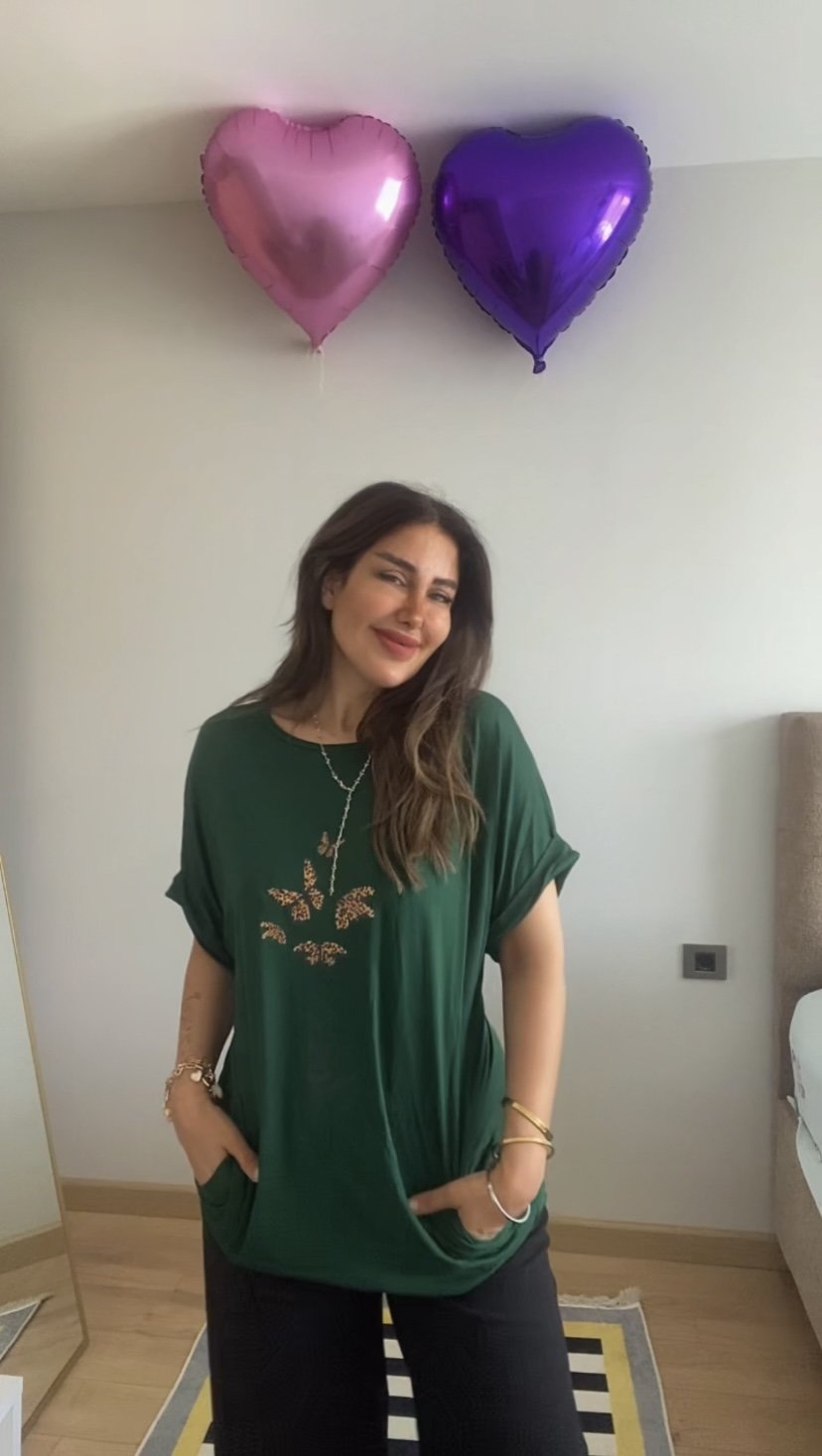 Kadın Kısa Kollu Bisiklet Yaka Cepli Kelebek Baskılı Viskon Elbise