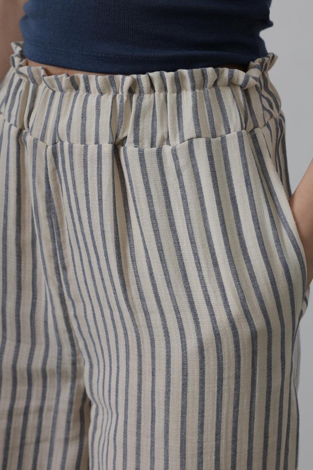 Çizgili Pamuklu Lastikli Pantolon - Bej-Lacivert