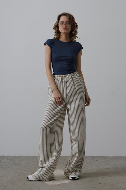 Çizgili Pamuklu Lastikli Pantolon - Bej-Lacivert