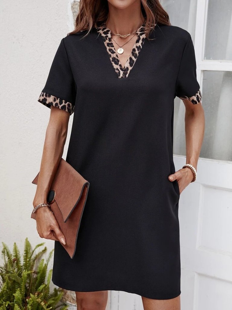Kadın Kısa Kollu V Yakalı Leopar Desen Detaylı Modal Elbise