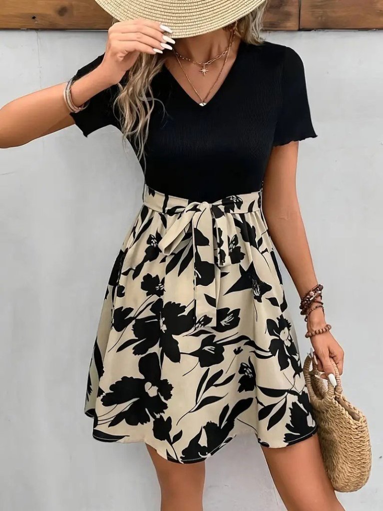 Kadın Kısa Kollu V Yakalı Belden Kuşaklı çiçek Desenli üst Viskon Alt Süprem Elbise