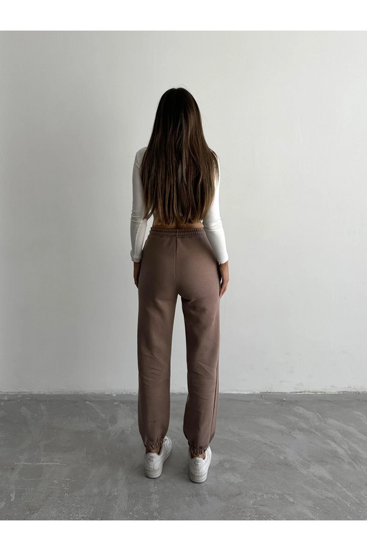 3 iplik şardonlu paça lastikli eşofman vizon is001