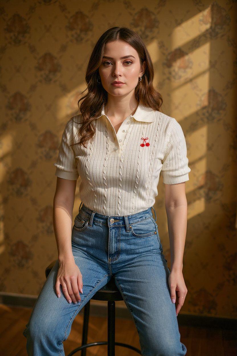 Ekru Kiraz Detaylı Örme Triko Bluz TR-1050