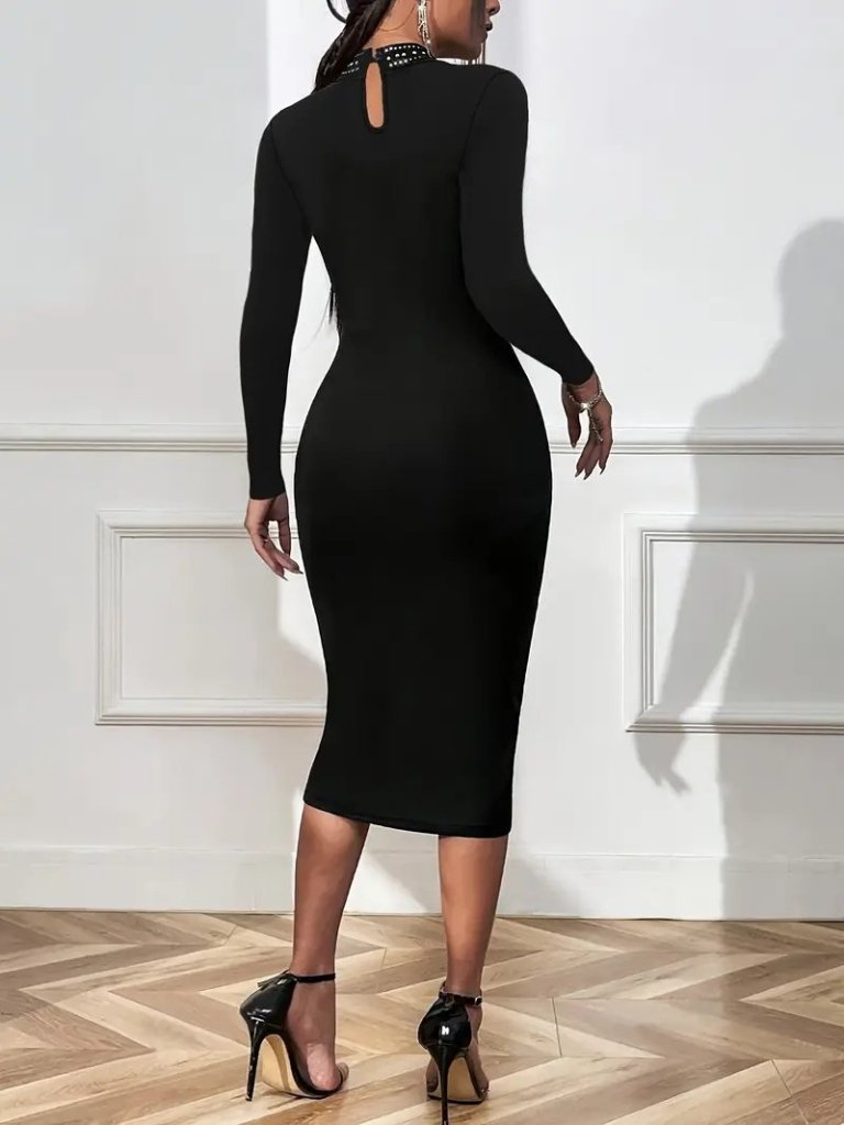 Kadın Uzun Kollu Balıkçı Yaka Taşlı Damla Detay Midi Ithal Krep Elbise