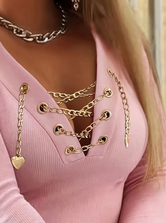 Kadın Uzun Kollu V çapraz Zincir Detaylı Kaşkorse Bluz