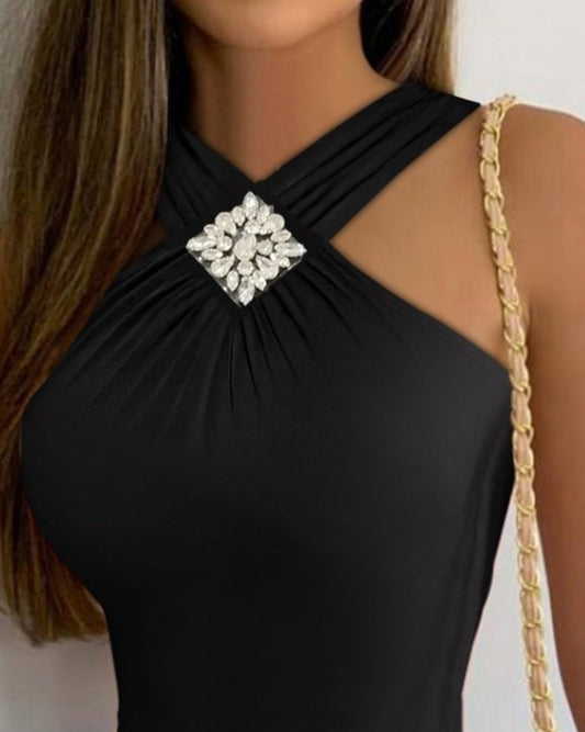 Kadın Yakası önden çaprazlı Taş Detaylı Viskon Bluz