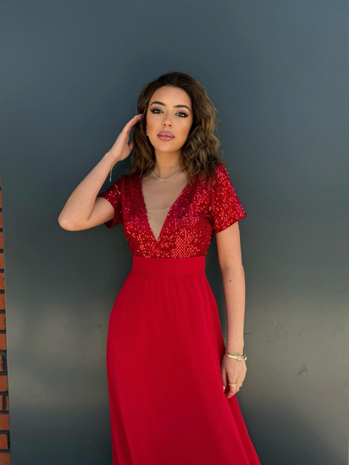 Kadın Kısa Kollu Derin V Yakalı A Kesim Pulpayet Detaylı şifon Nedime Elbisesi