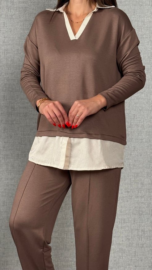 Polo Yaka Gömlek Detay Salaş Balon Pantolunlu ıkılı Takım