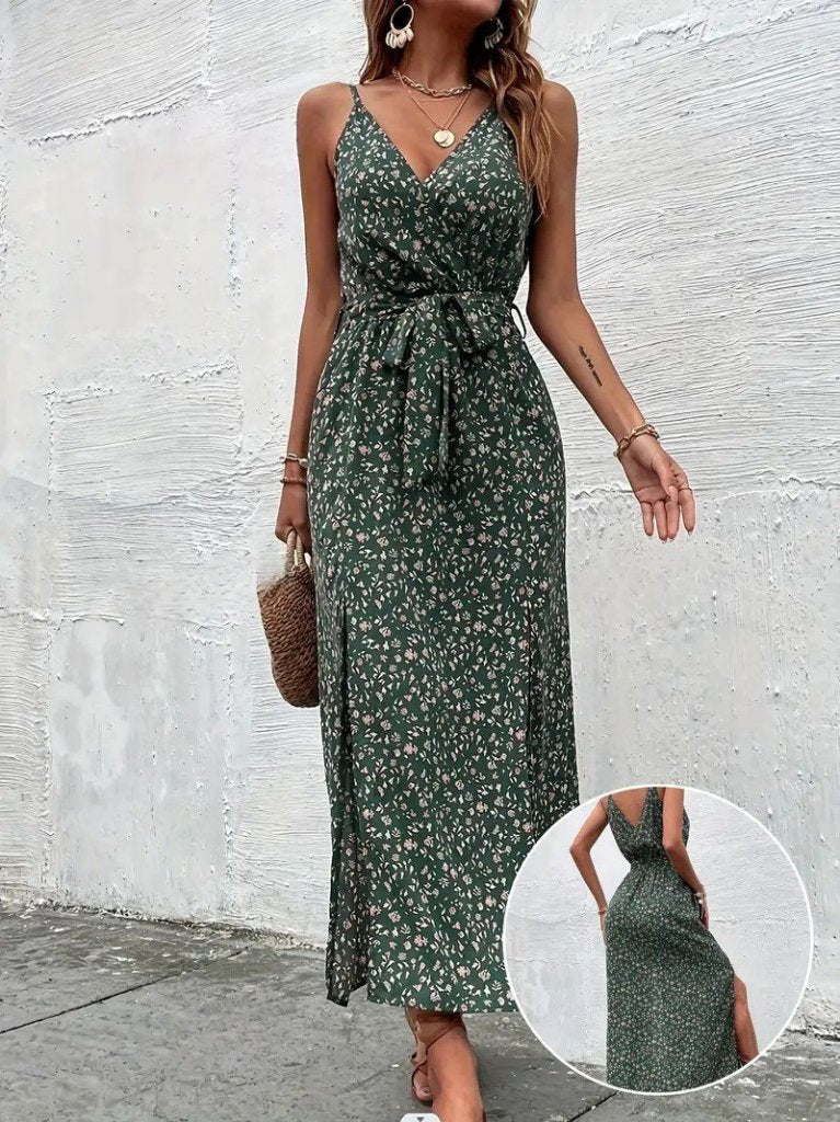 Kadın Ip Askılı Kruvaze Yakalı Yırtmaçlı Uzun Desenli Kuşaklı Süprem Elbise