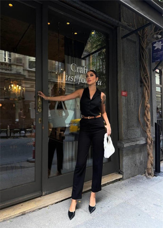 KETEN DUBLE PAÇA DERİ TABA KEMERLİ PANTOLON - Siyah