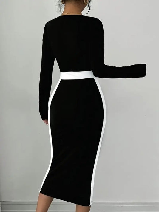 Kadın Uzun Kollu Geometrik Yaka Midi Ithal Krep Elbise