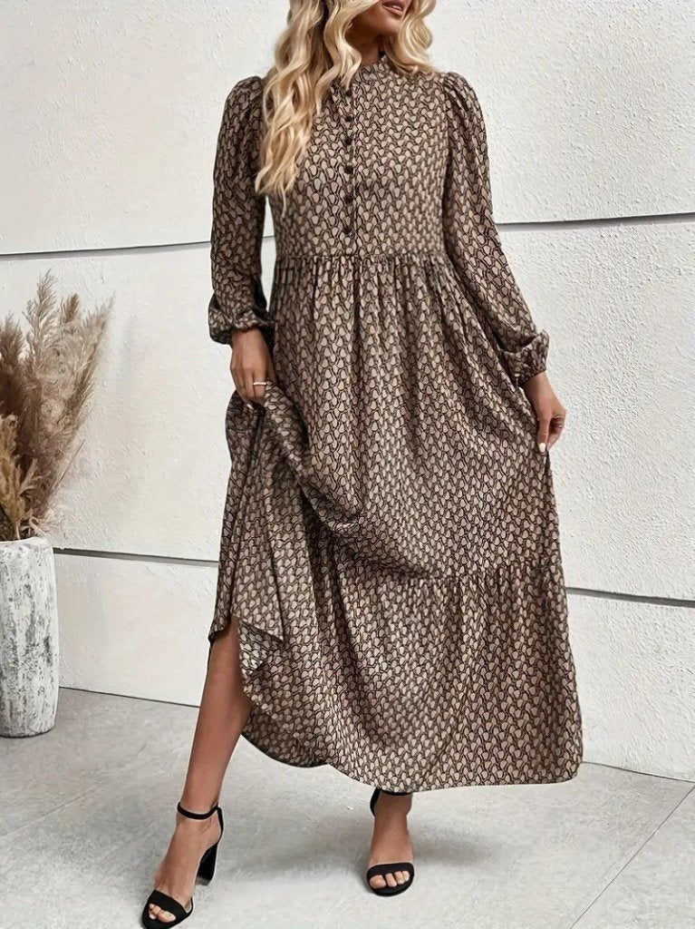 Kadın Uzun Kollu Hakim Yakalı Düğmeli Kemersiz Desenli Maxi Süprem Elbise
