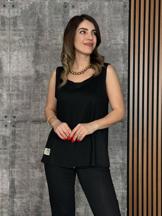 Kadın Askılı Yuvarlak Yaka Viskon Iki Iplik Bluz Ve Eşofman Altı Ikili Takım