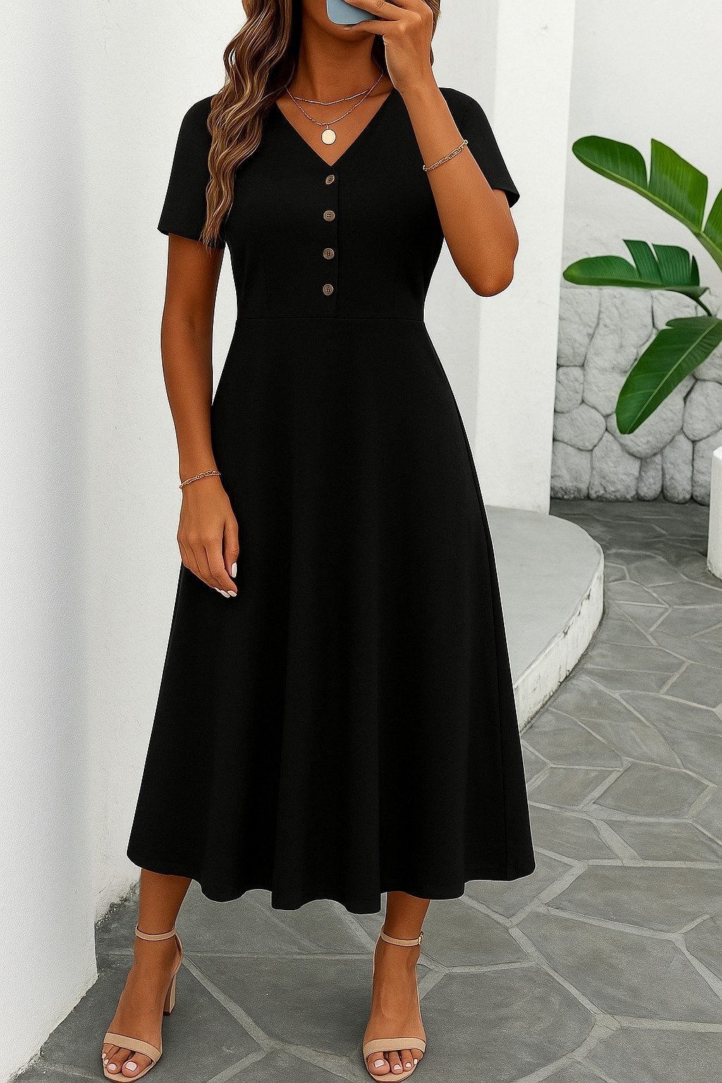 Kadın Kısa Kollu V Yakalı önden Düğmeli Yırtmaçlı Midi Viskon Elbise