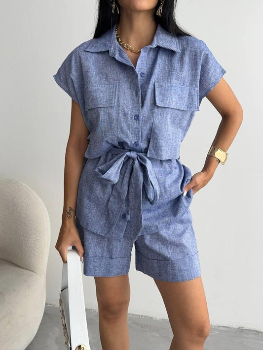 KETEN BAĞLAMALI KOLSUZ GÖMLEK - DUBLE PAÇA ŞORT TAKIM - Lacivert