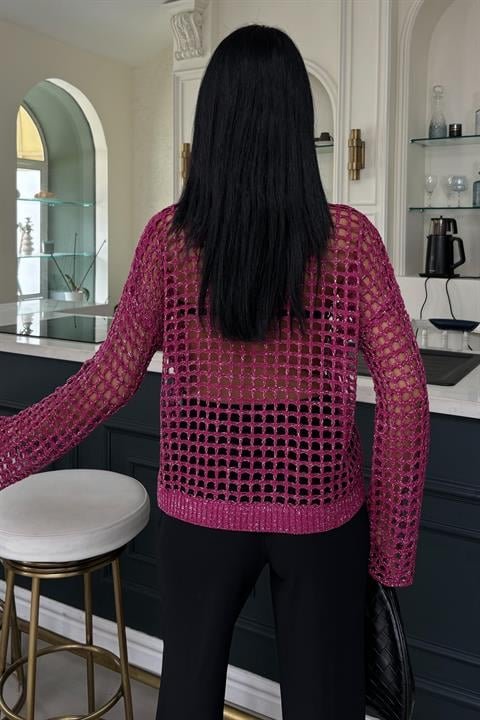 Cep Detay Simli Ajurlu Triko Bluz 1361