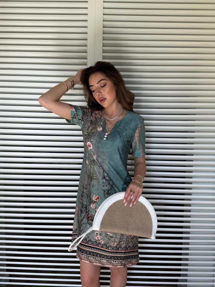 Kadın Kısa Kollu V Yakalı çiçek Baskılı Midi Süprem Elbise