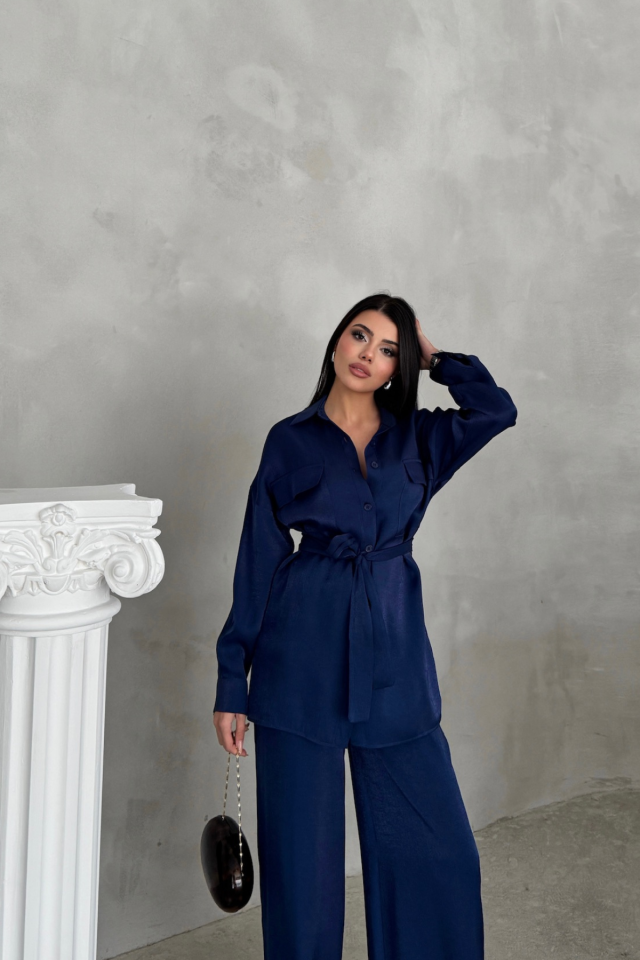 SİMLİ KUMAŞ SALAŞ PANTOLON - GÖMLEK TAKIM - Lacivert